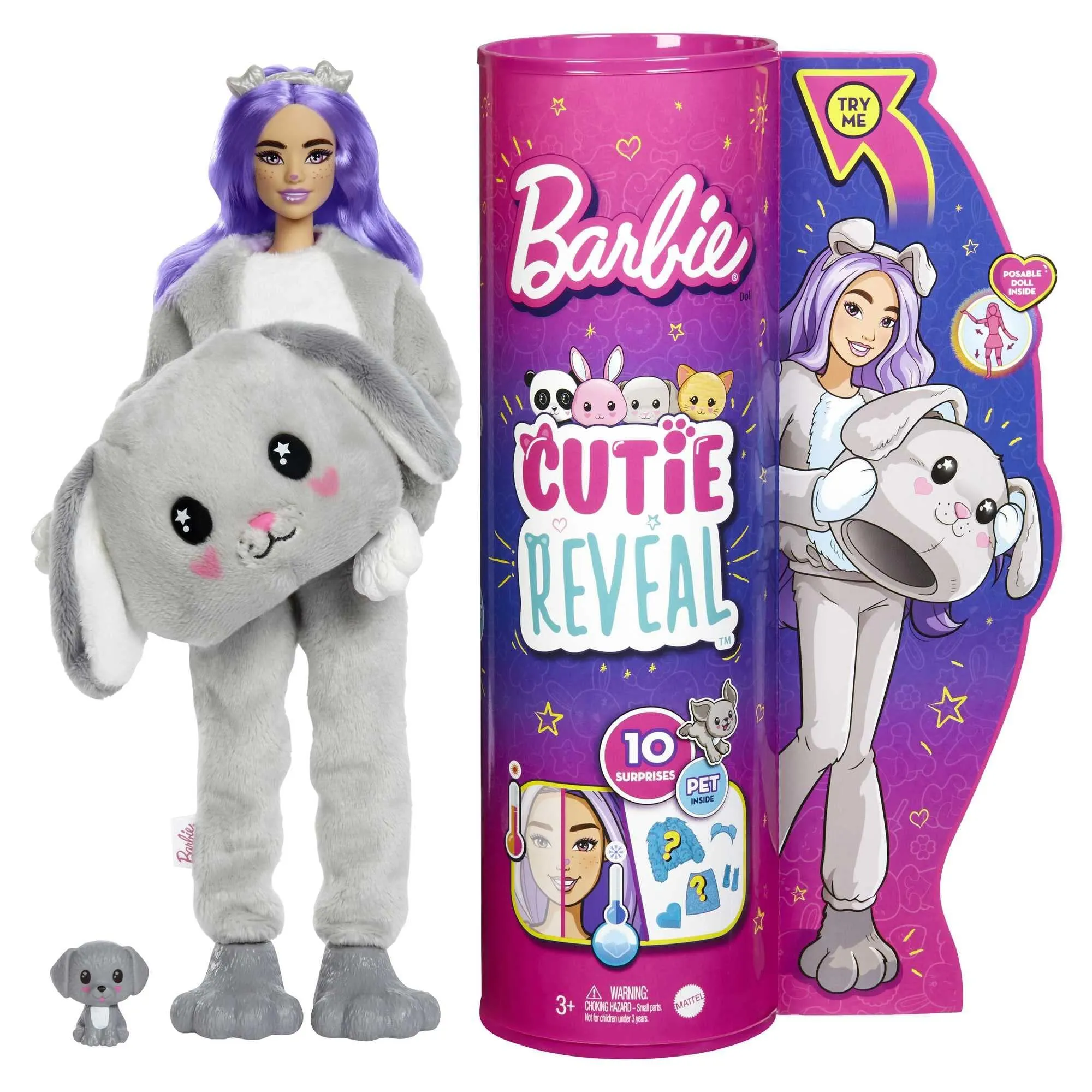 Barbie Cutie Reveal Doll with Puppy Plush Costume & 10 Surprises Including Mini Pet & Color Change, Gift for Kids 3 Years & Older