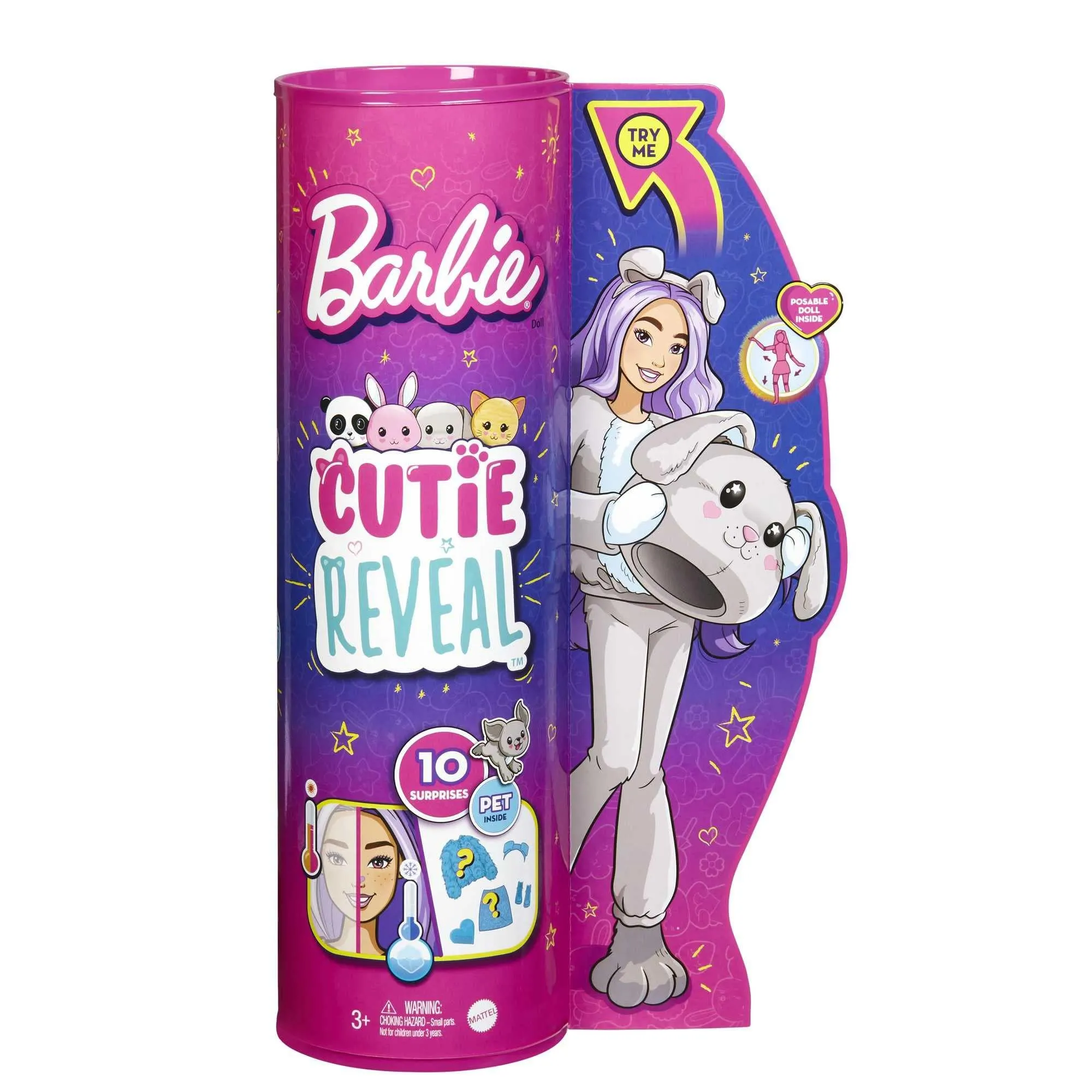 Barbie Cutie Reveal Doll with Puppy Plush Costume & 10 Surprises Including Mini Pet & Color Change, Gift for Kids 3 Years & Older