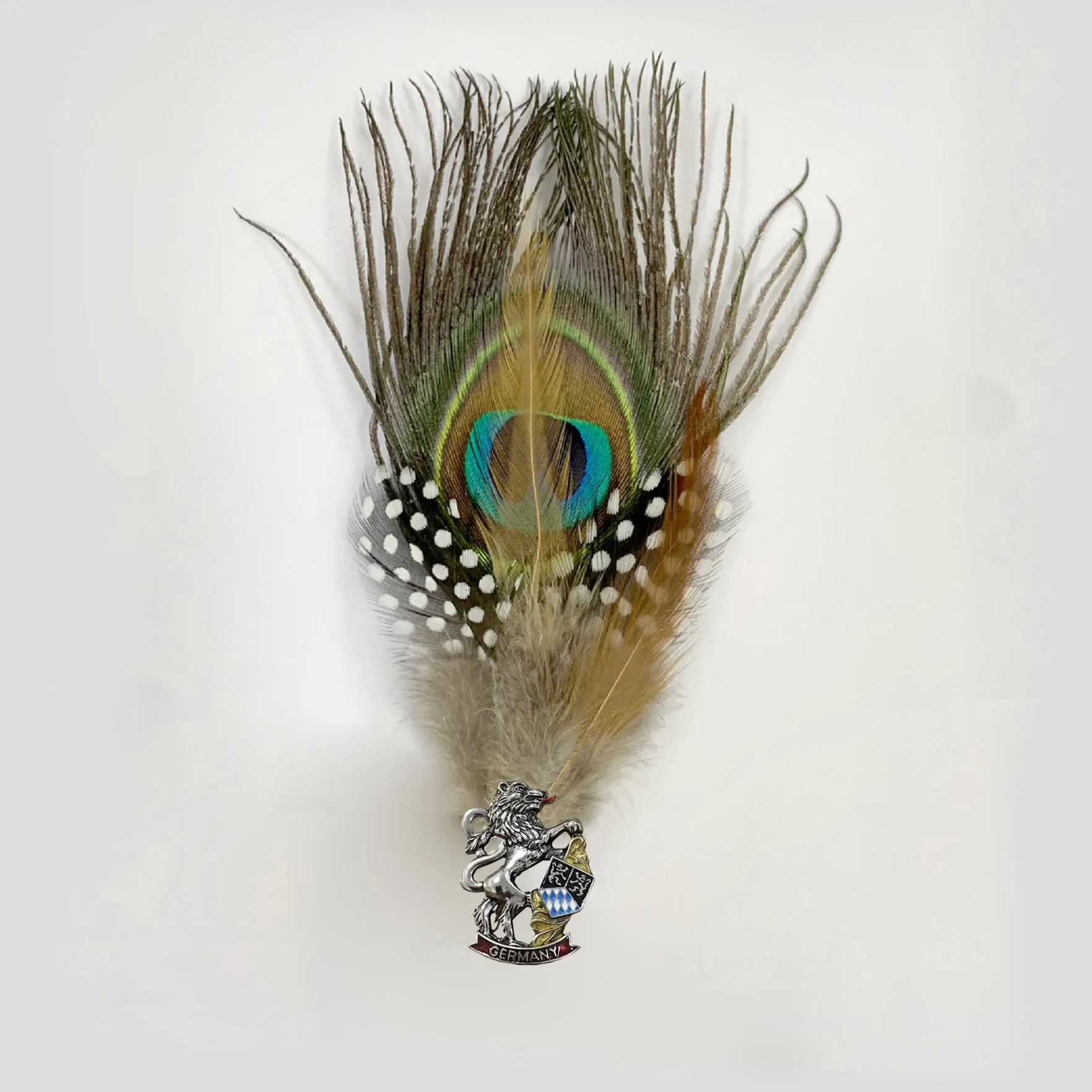 Bavarian Festival Colorful Feathers Hat Pin with Accents & Lion Coat of Arms Charm Wool Hat Fedora Pin