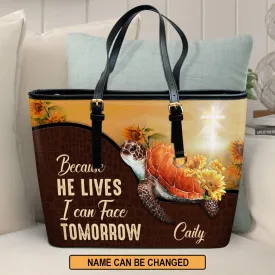 Because He Lives I Can Face Tomorrow Personalized Large Leather Tote Bag - Christian Gifts For Women