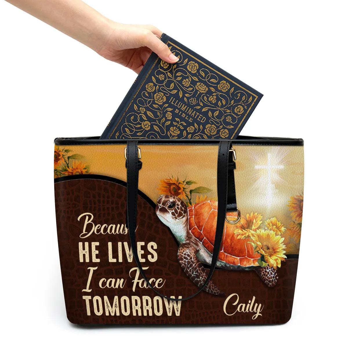 Because He Lives I Can Face Tomorrow Personalized Large Leather Tote Bag - Christian Gifts For Women