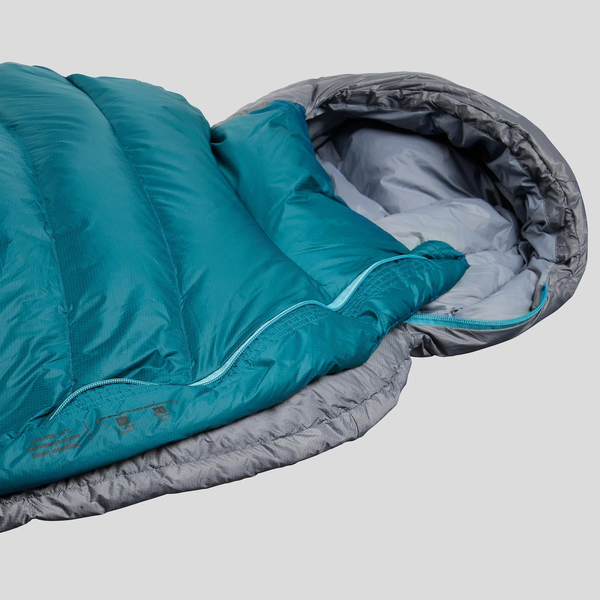 Down sleeping bag Forclaz Trek 900 for hiking, size L, gray / blue