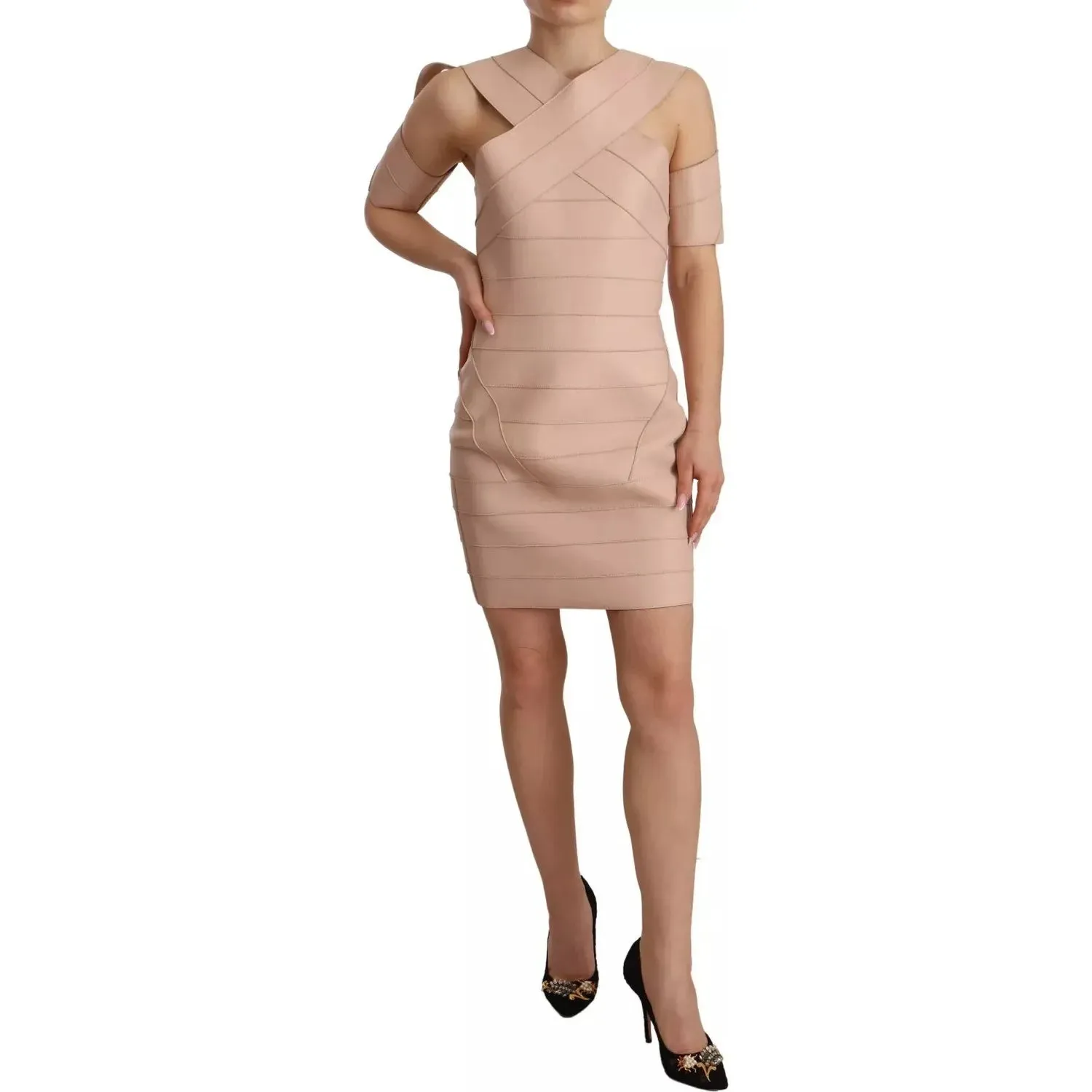 Dsquared² Beige Leather Open Shoulder Sheath Mini Dress