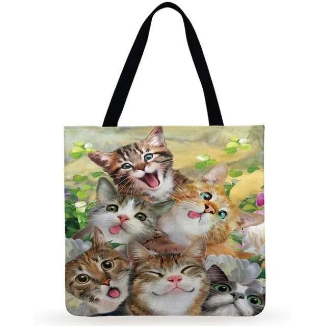 Eco Friendly Unisex Cat Retro Oil Painting Print Linen Reusable Tote Bag