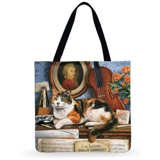 Eco Friendly Unisex Cat Retro Oil Painting Print Linen Reusable Tote Bag