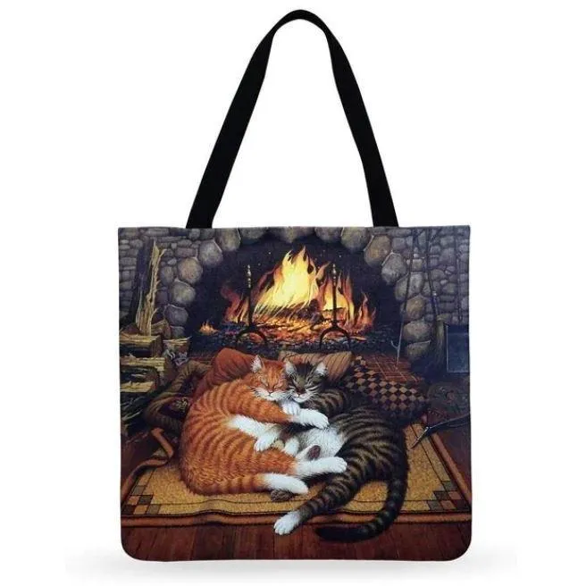 Eco Friendly Unisex Cat Retro Oil Painting Print Linen Reusable Tote Bag