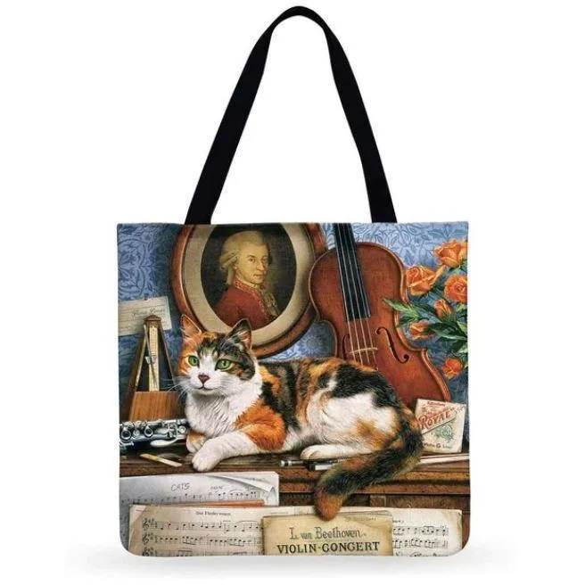 Eco Friendly Unisex Cat Retro Oil Painting Print Linen Reusable Tote Bag