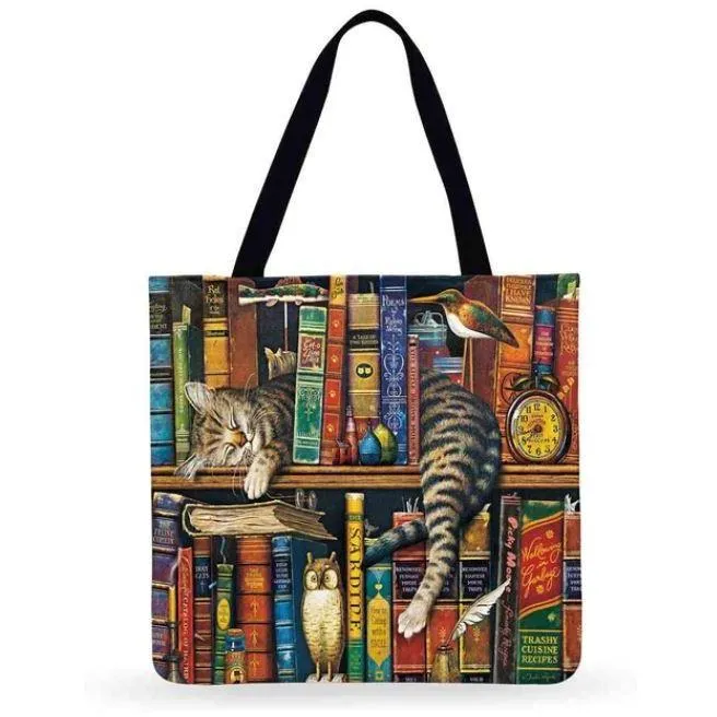 Eco Friendly Unisex Cat Retro Oil Painting Print Linen Reusable Tote Bag