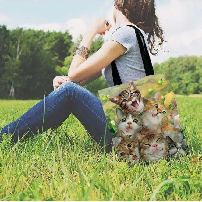 Eco Friendly Unisex Cat Retro Oil Painting Print Linen Reusable Tote Bag