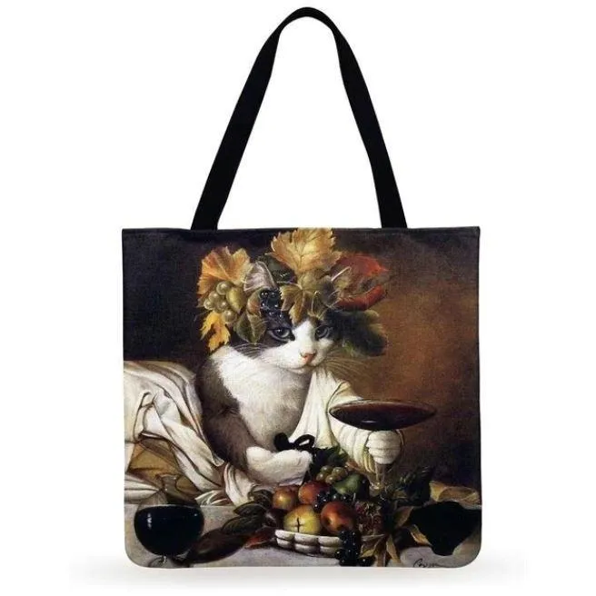 Eco Friendly Unisex Cat Retro Oil Painting Print Linen Reusable Tote Bag