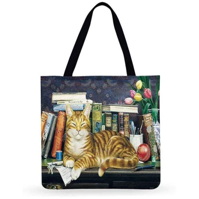 Eco Friendly Unisex Cat Retro Oil Painting Print Linen Reusable Tote Bag