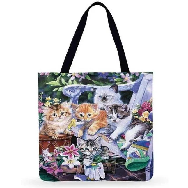 Eco Friendly Unisex Cat Retro Oil Painting Print Linen Reusable Tote Bag