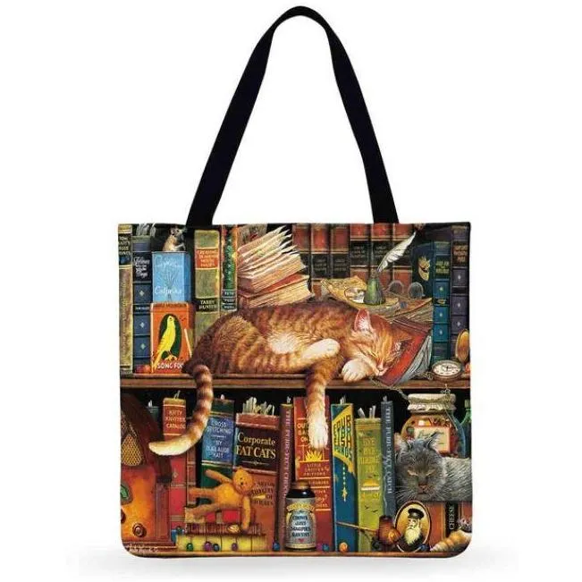 Eco Friendly Unisex Cat Retro Oil Painting Print Linen Reusable Tote Bag