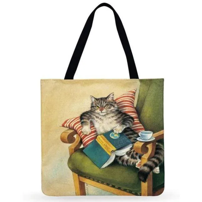 Eco Friendly Unisex Cat Retro Oil Painting Print Linen Reusable Tote Bag