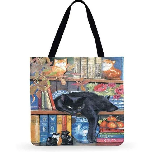 Eco Friendly Unisex Cat Retro Oil Painting Print Linen Reusable Tote Bag