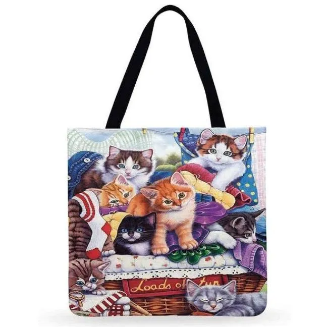 Eco Friendly Unisex Cat Retro Oil Painting Print Linen Reusable Tote Bag