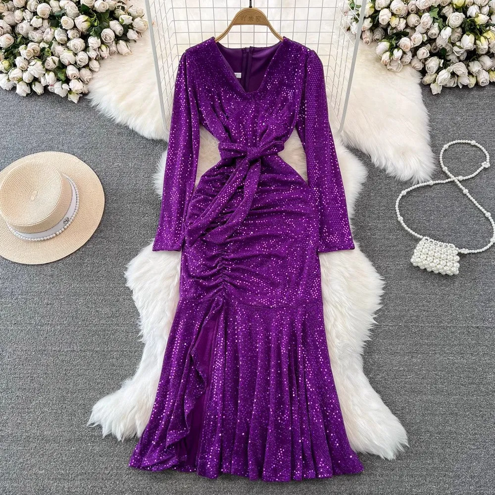 Fashionable long-sleeved V-neck A-line elegant long dress    S3966