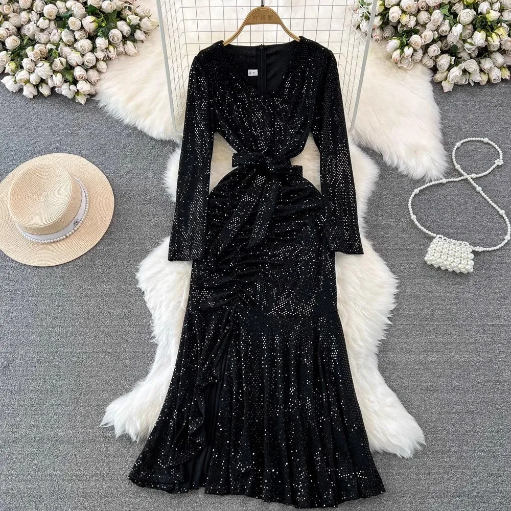 Fashionable long-sleeved V-neck A-line elegant long dress    S3966