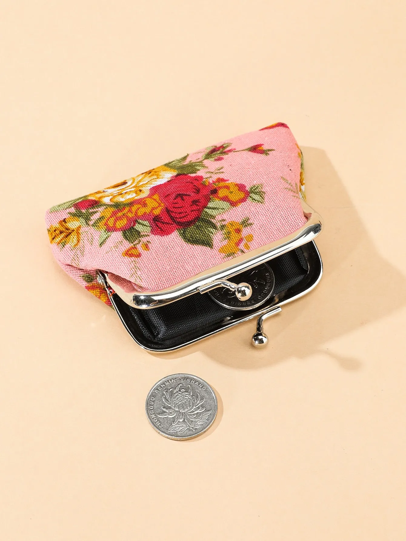 Floral Pattern Pink Kiss Lock Coin Purse Change Pouch Card Holder Coin Holder