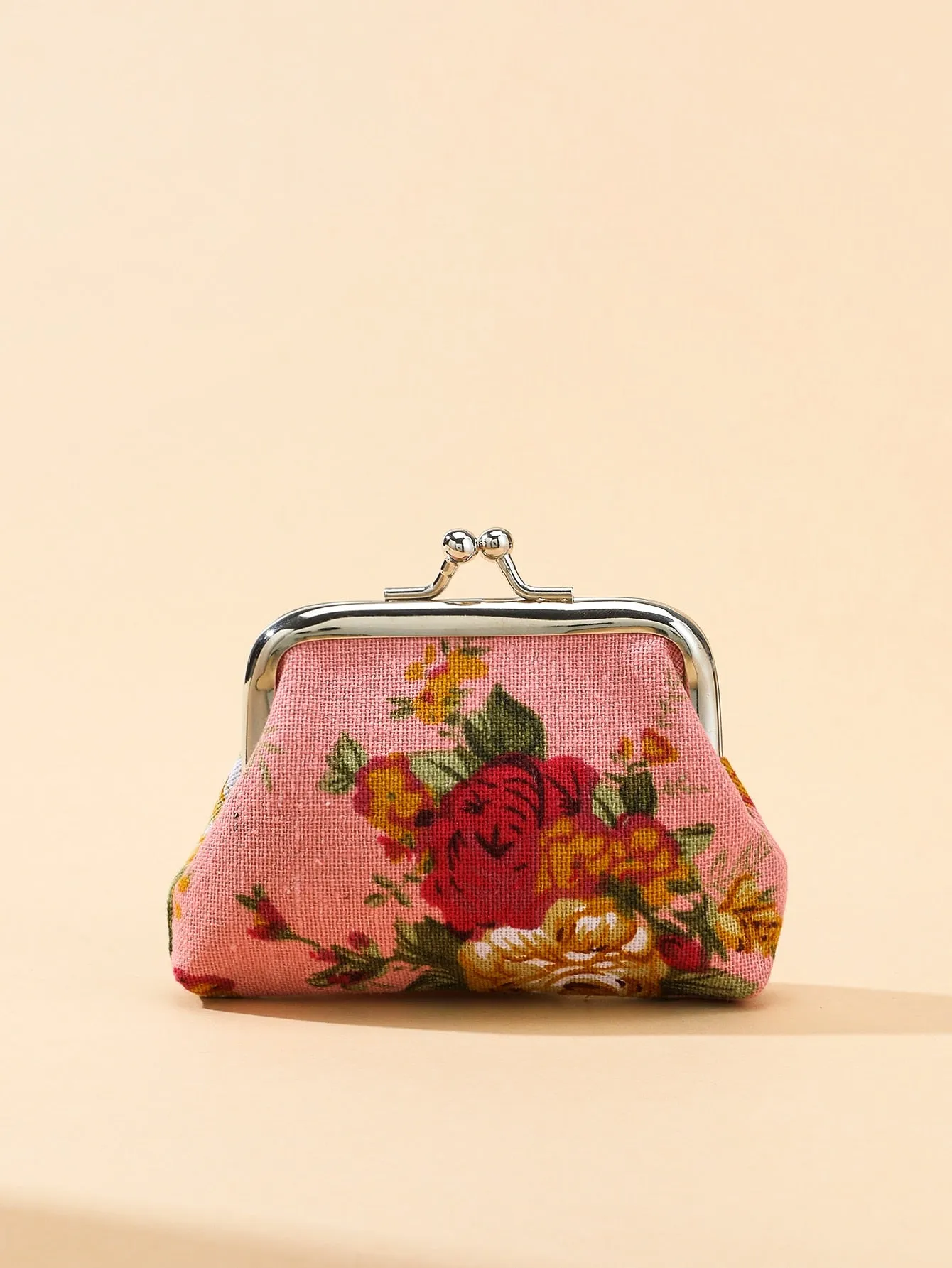 Floral Pattern Pink Kiss Lock Coin Purse Change Pouch Card Holder Coin Holder