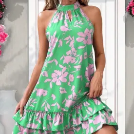 Floral Print Hanging Neck Dress for Women - 2024 New Summer Collection