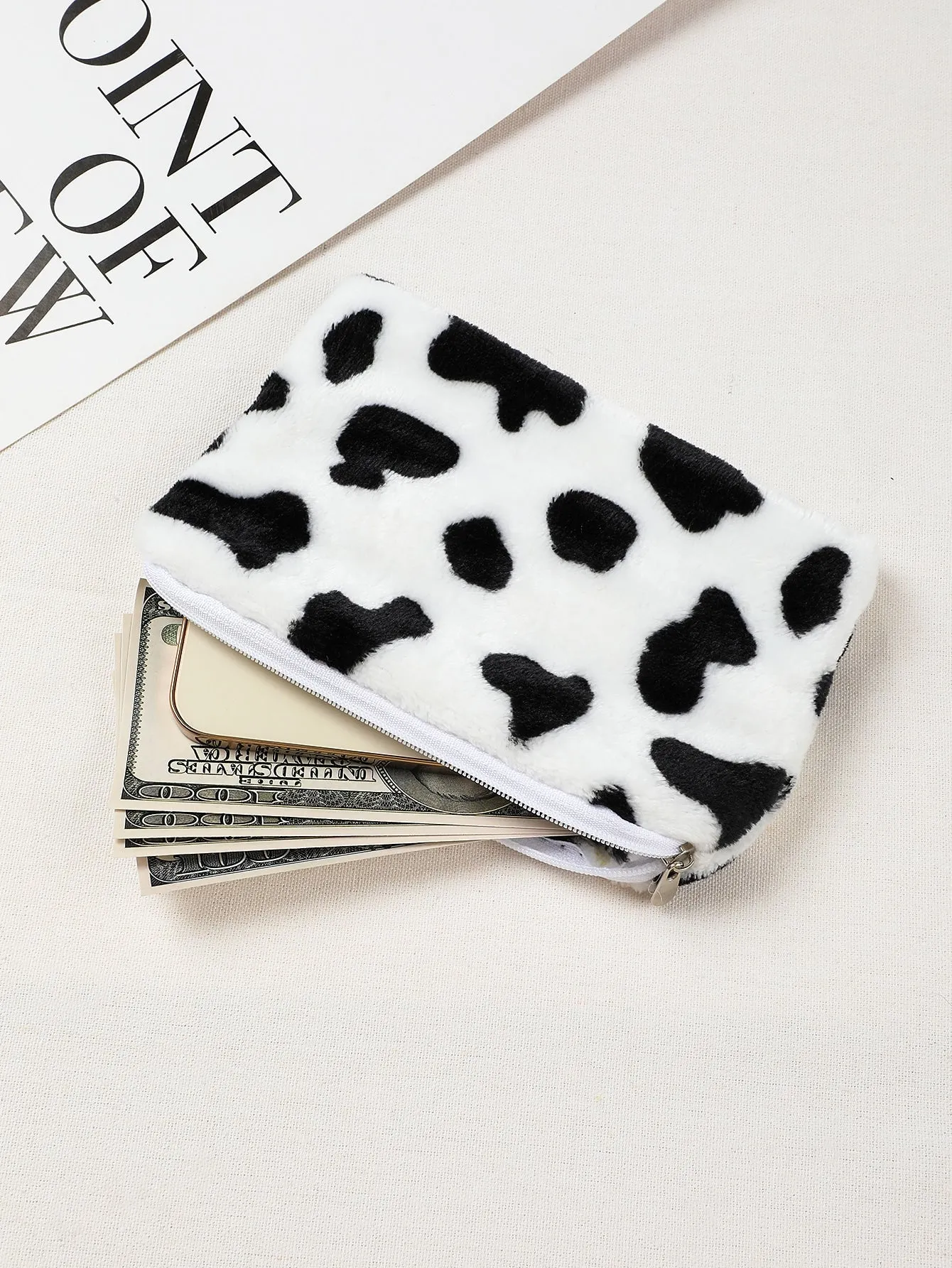 Fuzzy Cow Pattern Coin Purse Zipper Mini Bag Change Pouch Small Coin Case