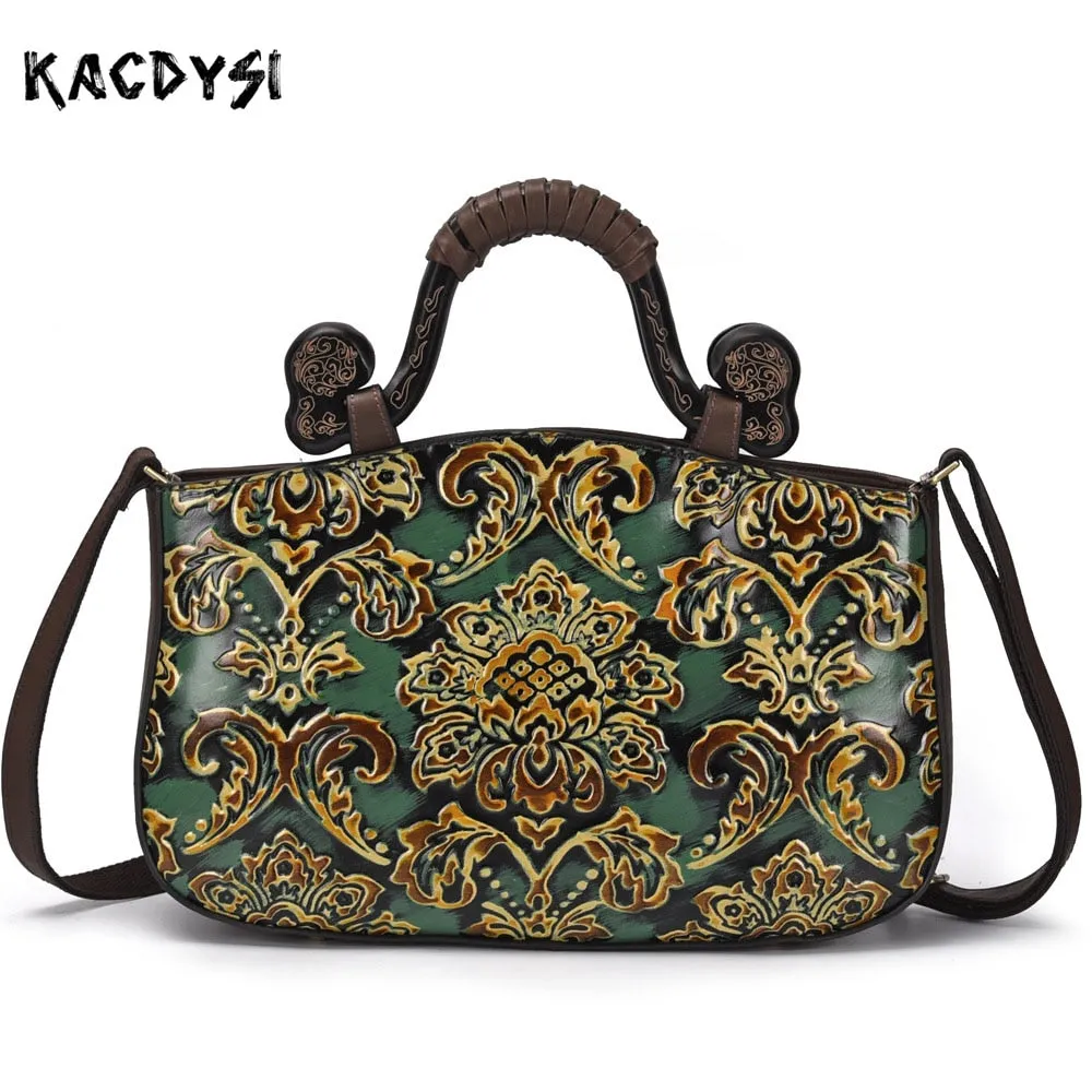 Handmade Genuine Leather Women's Top-handle Shoulder Bag with Intricate Embossed Print