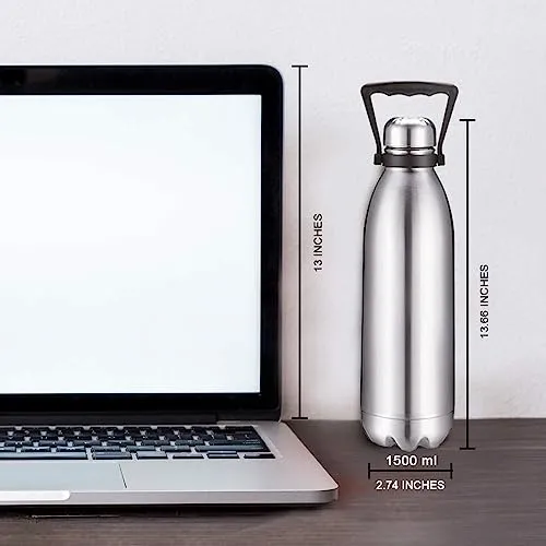 HaRvic Stainless Steel Water Bottle with Handle Double Walled Silver Water Bottle Steel Thermos Bottle Vacuum Insulated Flask Water Bottle for Home Office Travel (1500Ml)