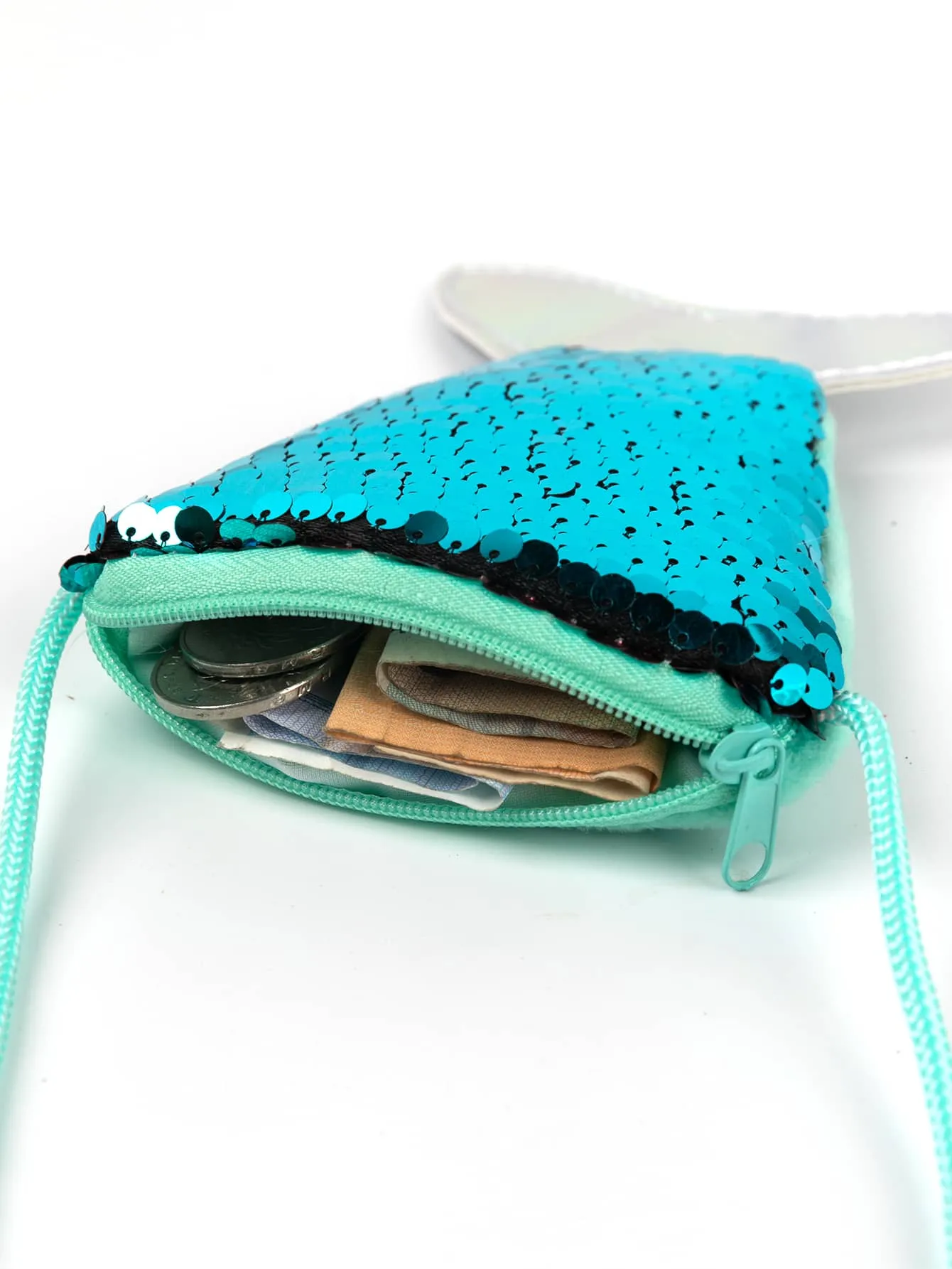 Holographic Green Sequin Fishtail Coin Purse with Strap Zipper Mini Bag Change