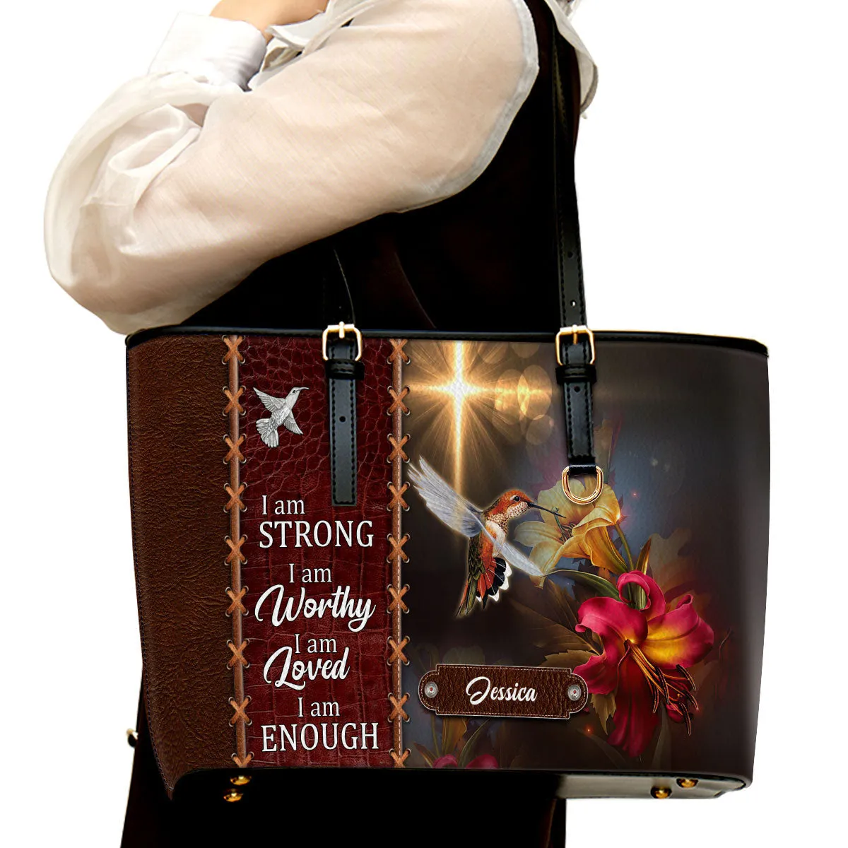 I Am Strong Personalized Large Leather Tote Bag - Christian Inspirational Gifts For Women