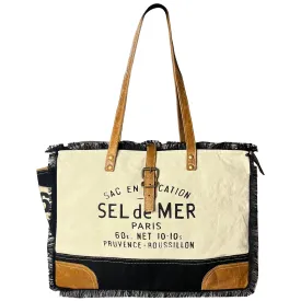 Leather Canvas Tote Bag for Women - Sel de Mer French-Inspired Shoulder Bag, Black