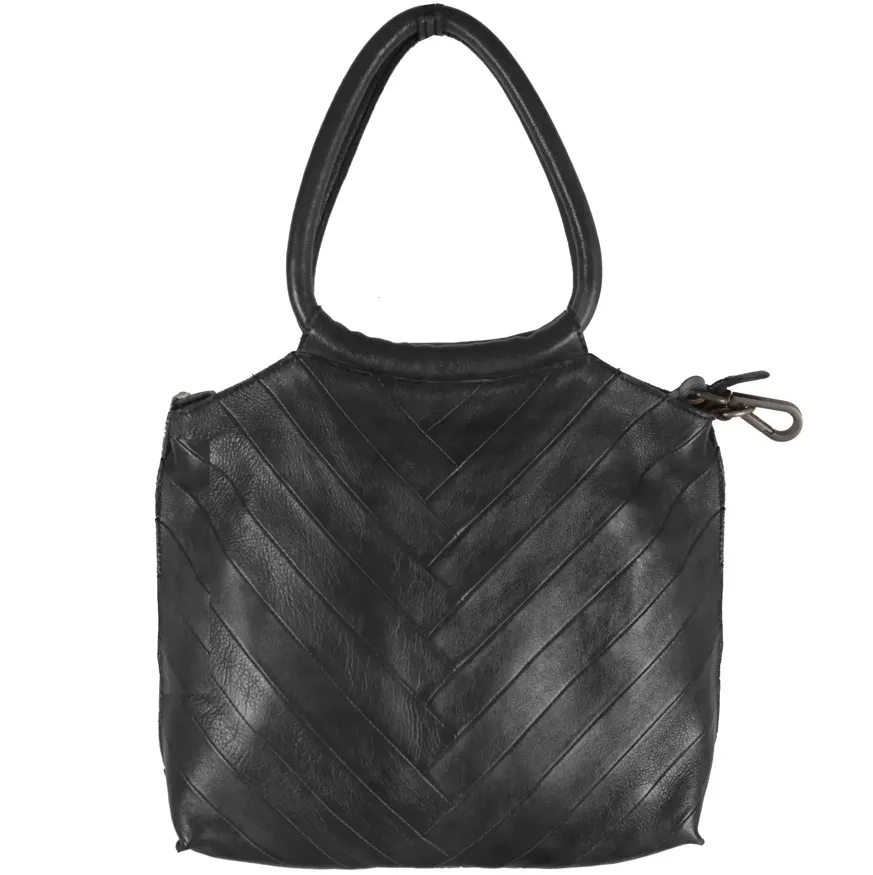 Lizbeth Leather Handbag with Herringbone Front & Round Handles