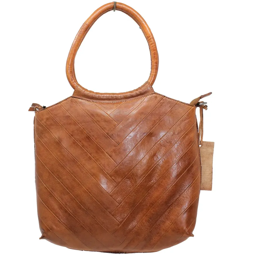 Lizbeth Leather Handbag with Herringbone Front & Round Handles