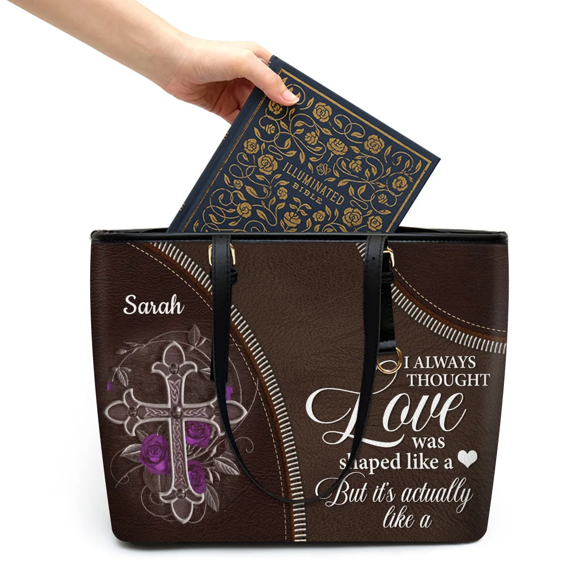 Love Is Actually like A Cross Personalized Large Leather Tote Bag - Christian Inspirational Gifts For Women