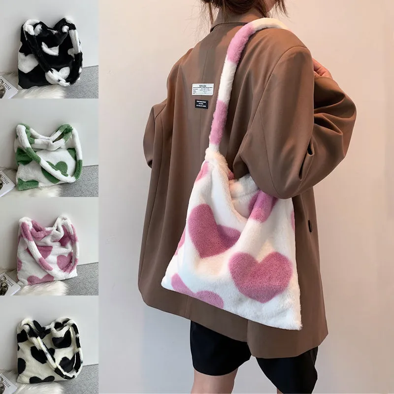 Love Shoulder Bags Winter Plush Shopping Bags For Women