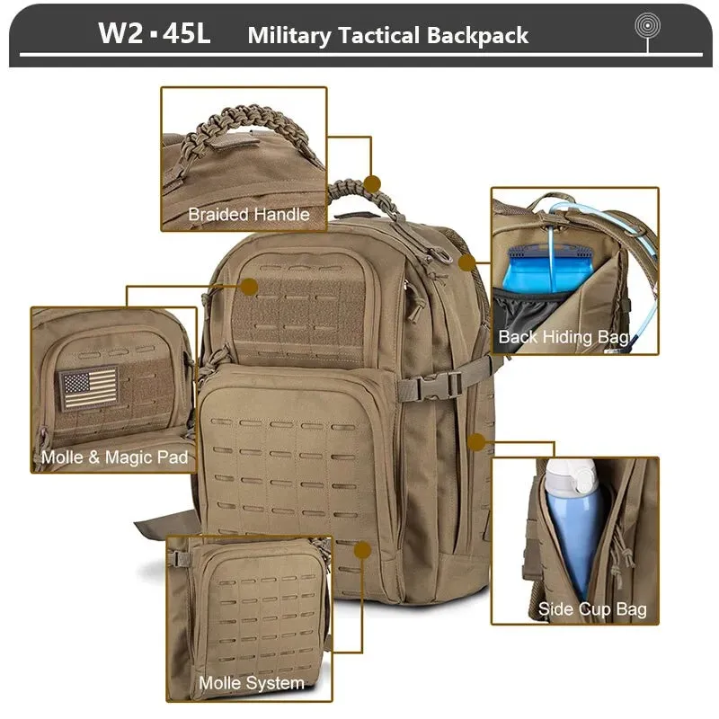 Military Tactical Backpack 3 Day Assault Pack Army Molle Bag 38/45L Large Outdoor Waterproof Hiking Camping Travel 600D Rucksack