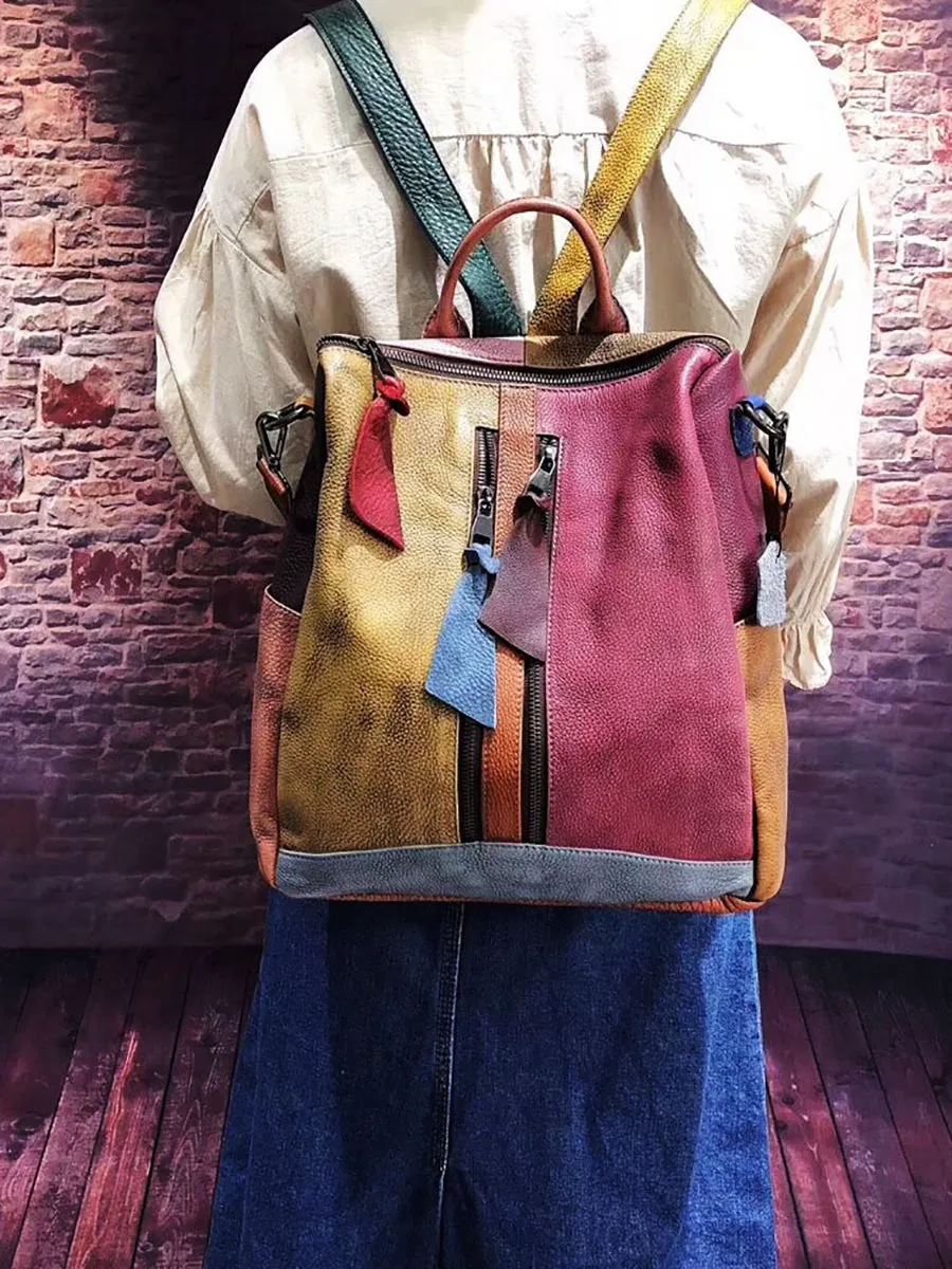 Multicolor Women Leather Zipper Backpack