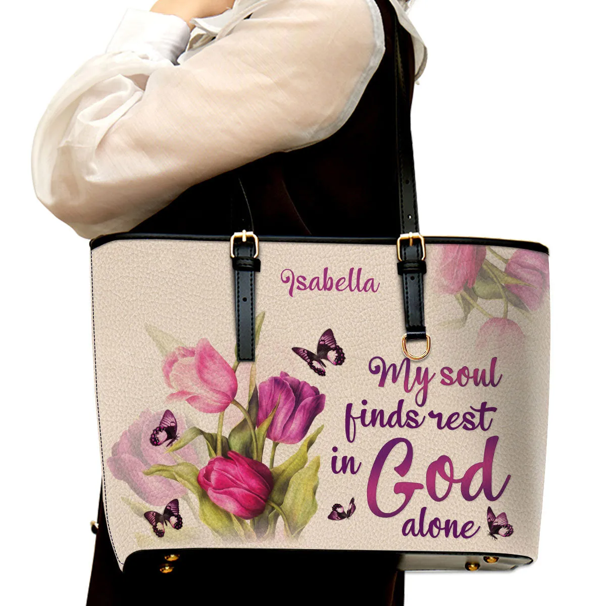 My Soul Find Rest In God Alone Tulip & Butterfly Personalized Large Leather Tote Bag - Christian Inspirational Gifts For Women