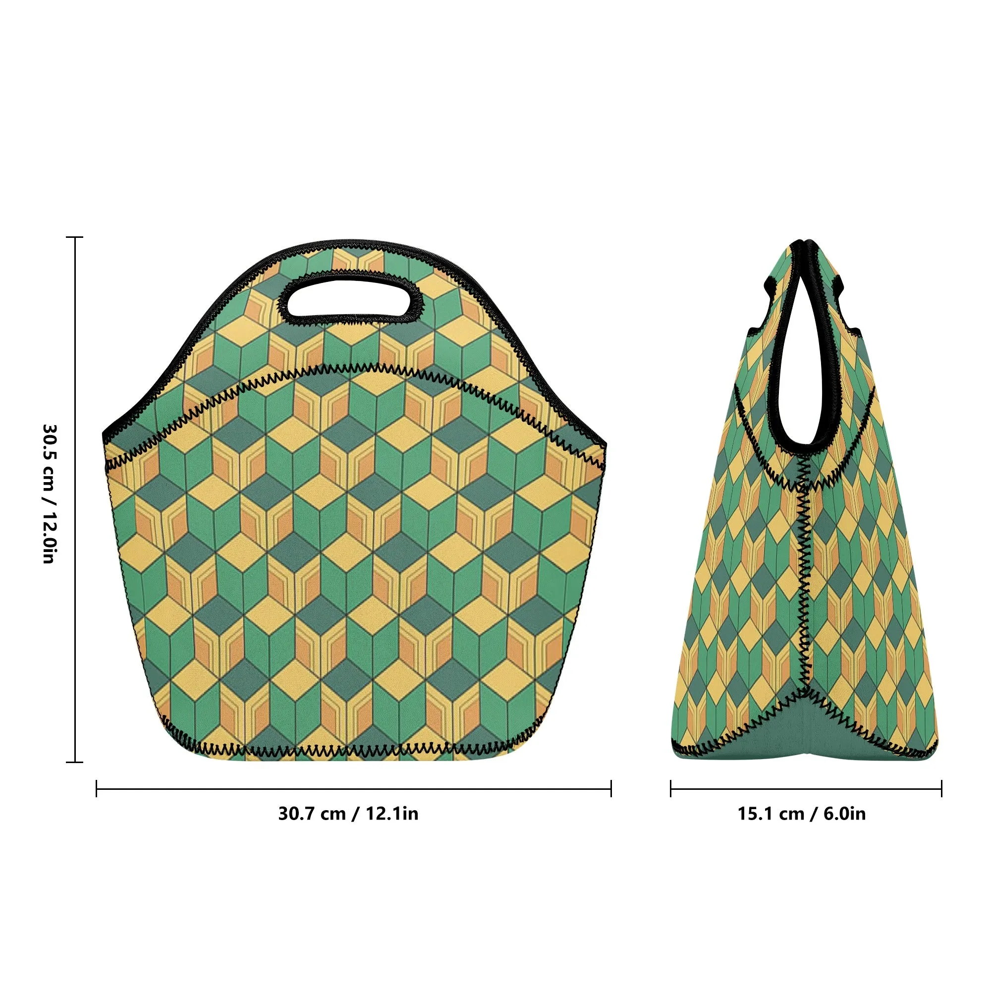 Neoprene lunch bag | Back to School Supplies | Thermal Insulated Lunch Bag | Anime Inspired Green Yellow Pattern