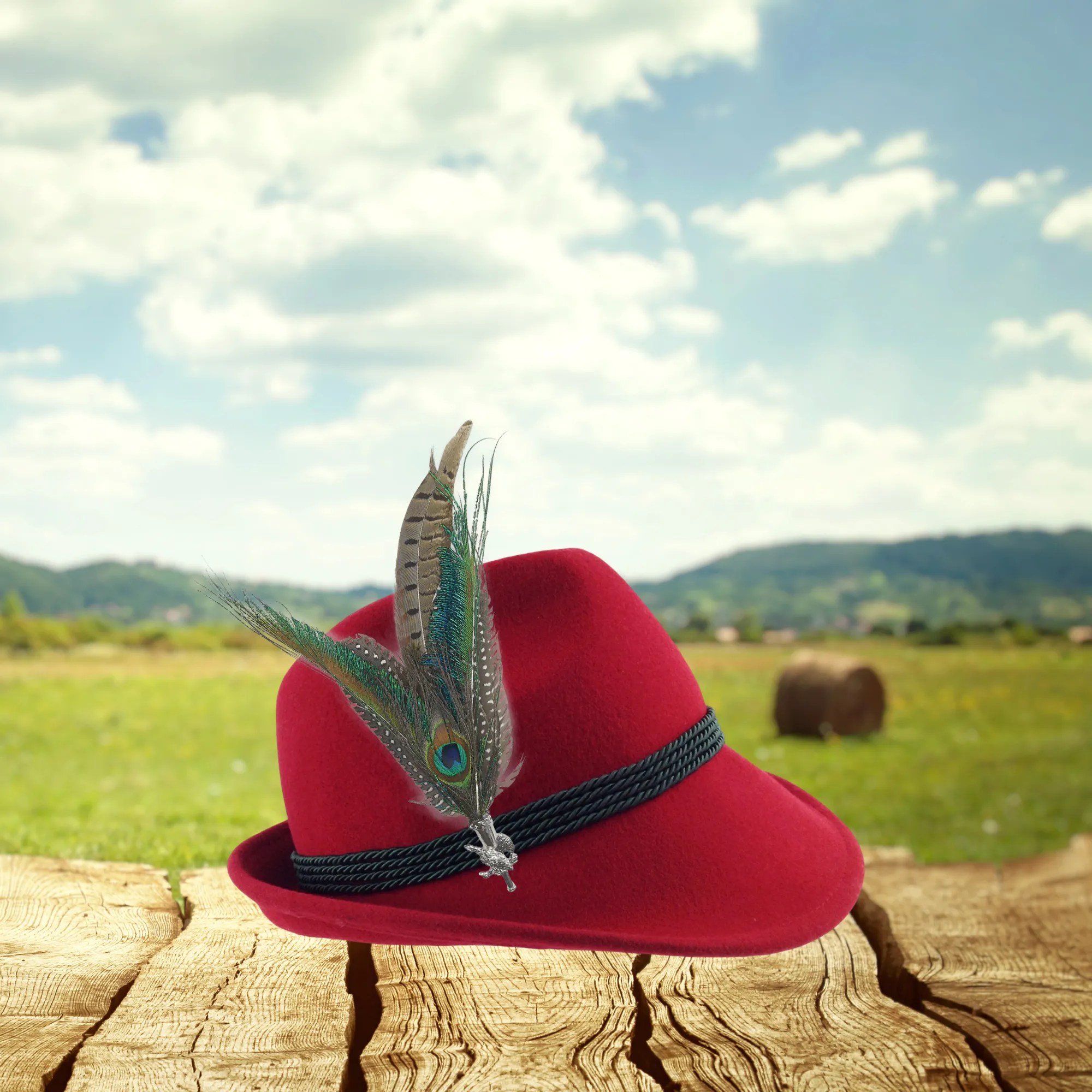 Peacock & Pheasant Feathers with Pheasant Hunter Medallion Hat Pin