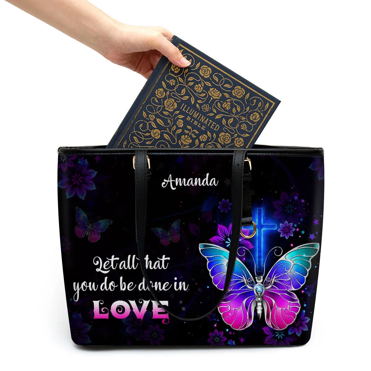 Personalized Large Leather Tote Bag 1 Corinthians 1614 Let All You Do Be Done In Love - Spiritual Gifts For Christian Women