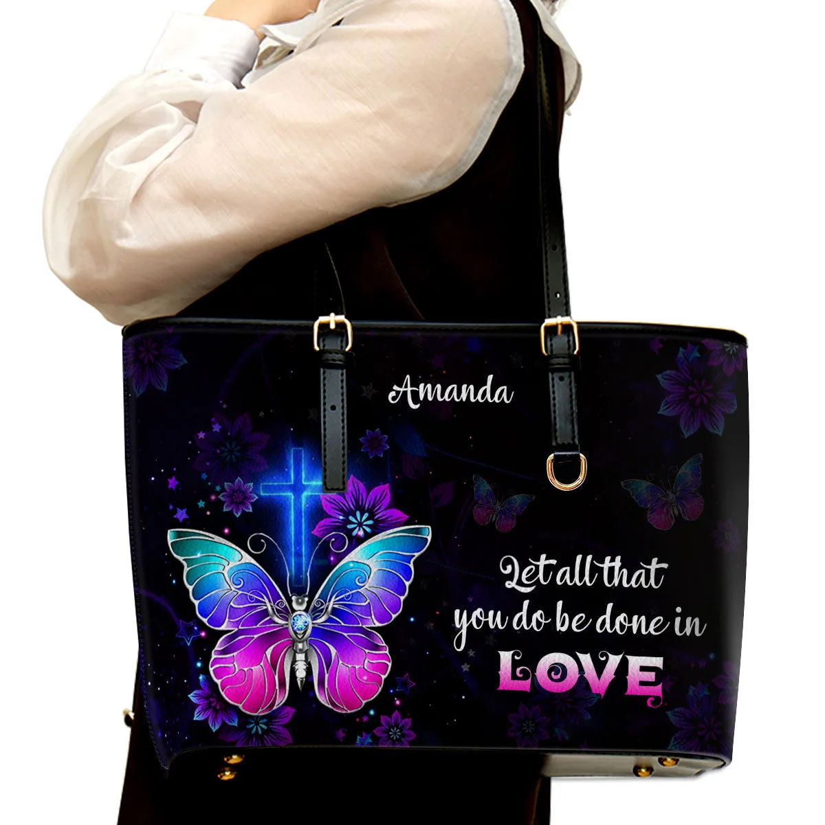 Personalized Large Leather Tote Bag 1 Corinthians 1614 Let All You Do Be Done In Love - Spiritual Gifts For Christian Women