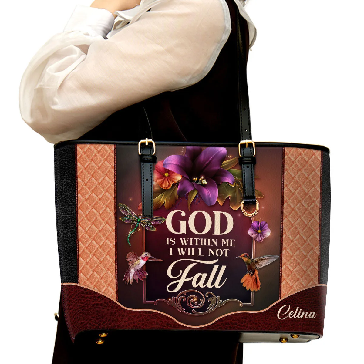 Personalized Large Leather Tote Bag God Is Within Me I Will Not Fall - Spiritual Gifts For Christian Women