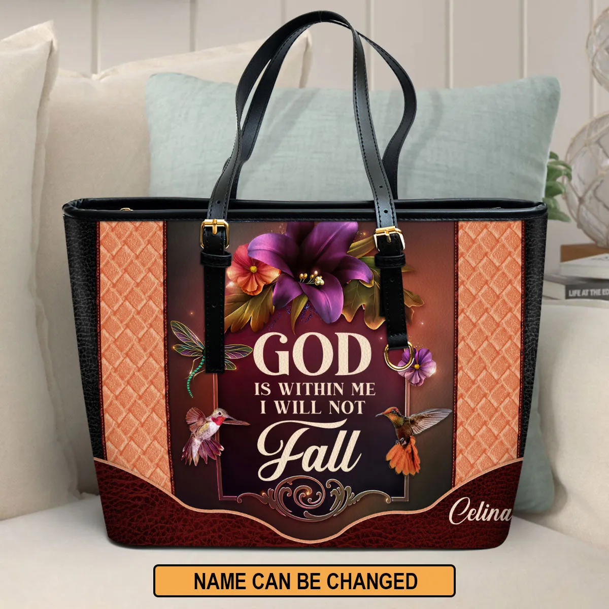 Personalized Large Leather Tote Bag God Is Within Me I Will Not Fall - Spiritual Gifts For Christian Women