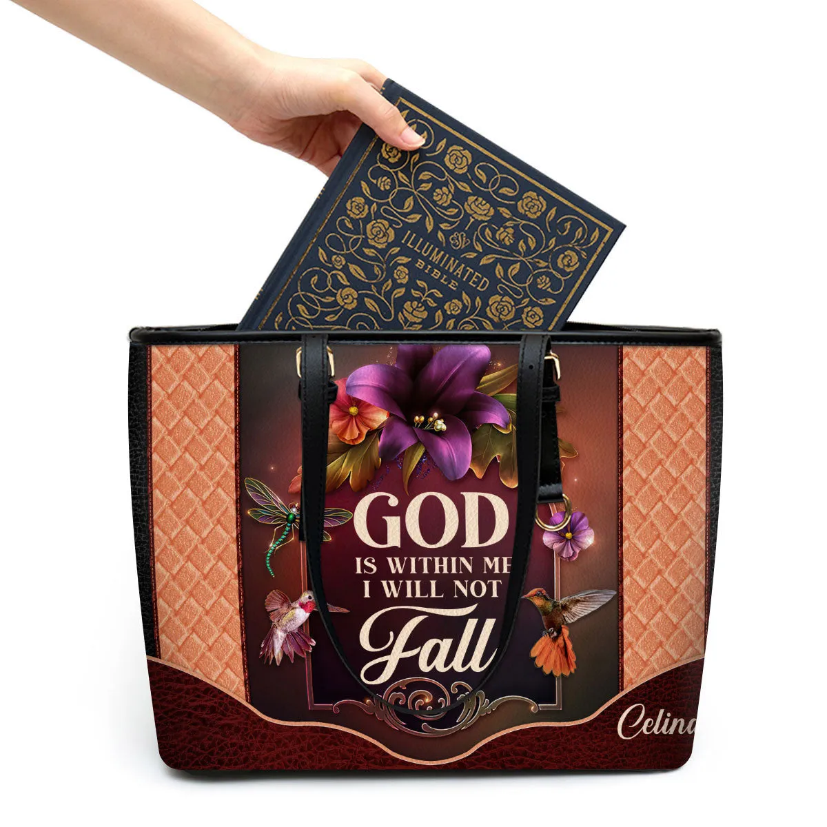 Personalized Large Leather Tote Bag God Is Within Me I Will Not Fall - Spiritual Gifts For Christian Women