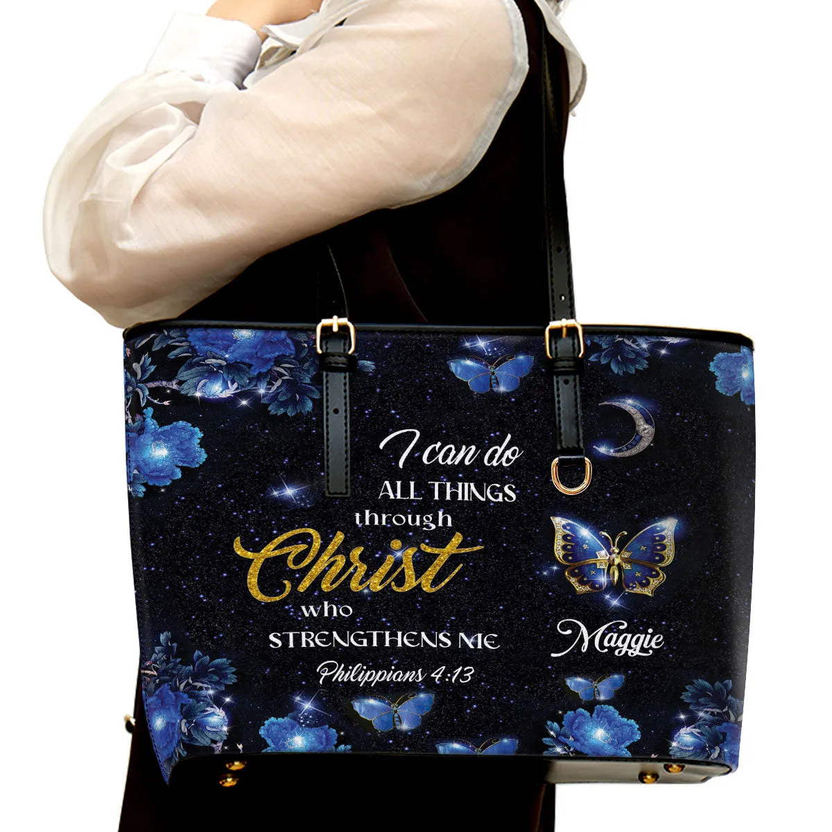 Personalized Large Leather Tote Bag I Can Do All Things Through Christ - Spiritual Gifts For Christian Women