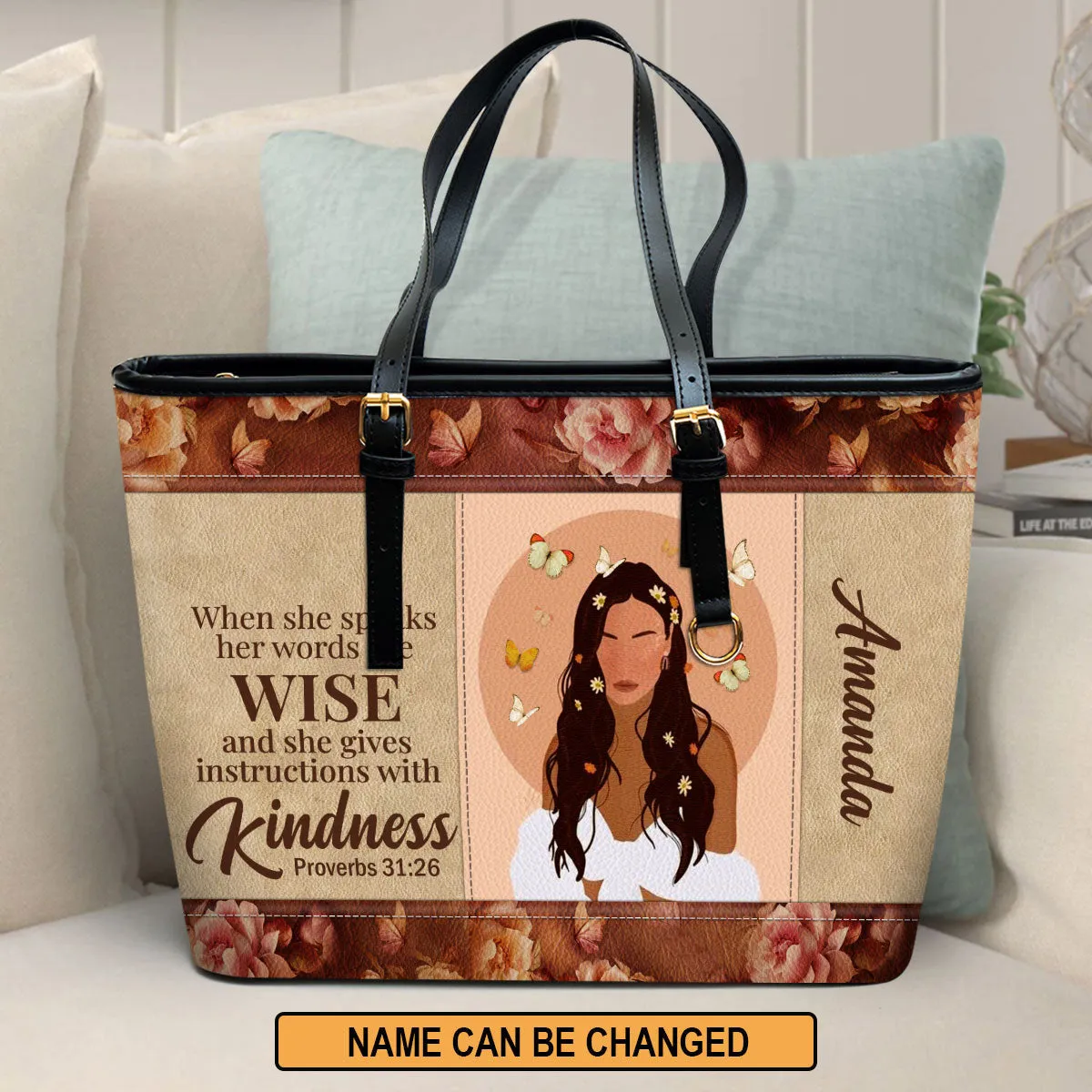 Personalized Large Leather Tote Bag She Gives Instructions With Kindness - Spiritual Gifts For Christian Women