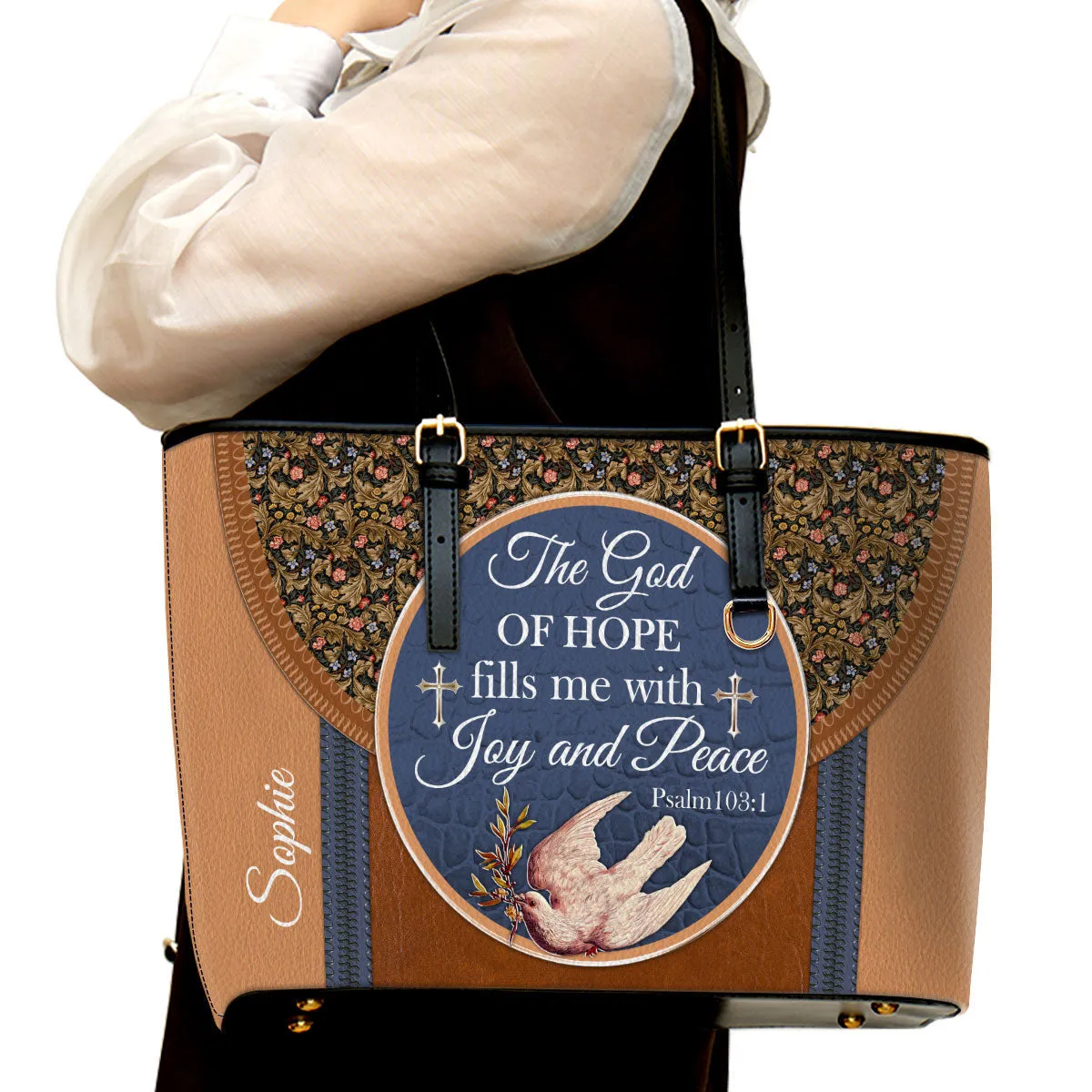 Personalized Large Leather Tote Bag The God Of Hope Fill Me With Joy And Peace - Spiritual Gifts For Christian Women