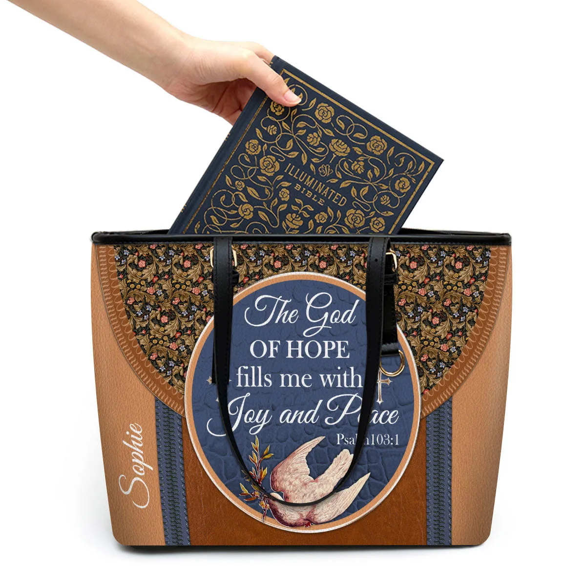 Personalized Large Leather Tote Bag The God Of Hope Fill Me With Joy And Peace - Spiritual Gifts For Christian Women