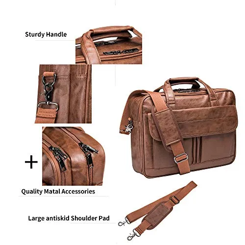 Seyfocnia Mens Laptop Bag,17.3 Inch PU Leather Messenger Bag Water Resistant Business Travel Briefcase, Work Computer Bag Satchel Bag Husband（Brown）